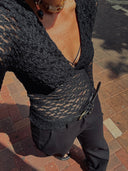 Black Sheer Crochet V Neck Top Sheer Crochet VNeck Top