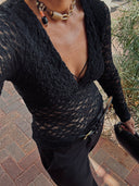 Black Sheer Crochet V Neck Top Sheer Crochet VNeck Top